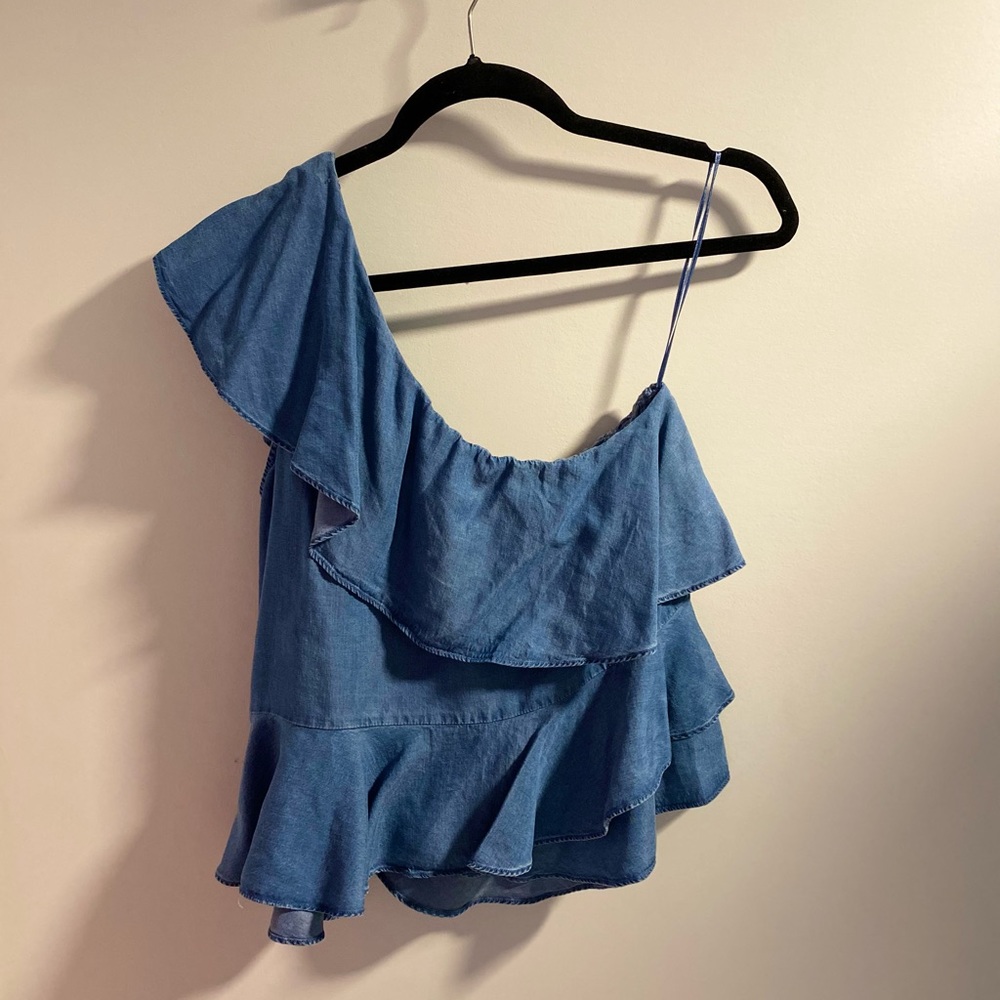 Asymmetric Denim Ruffle Top